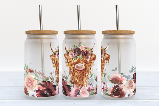 Highland Cow With Flowers Glass Tumbler